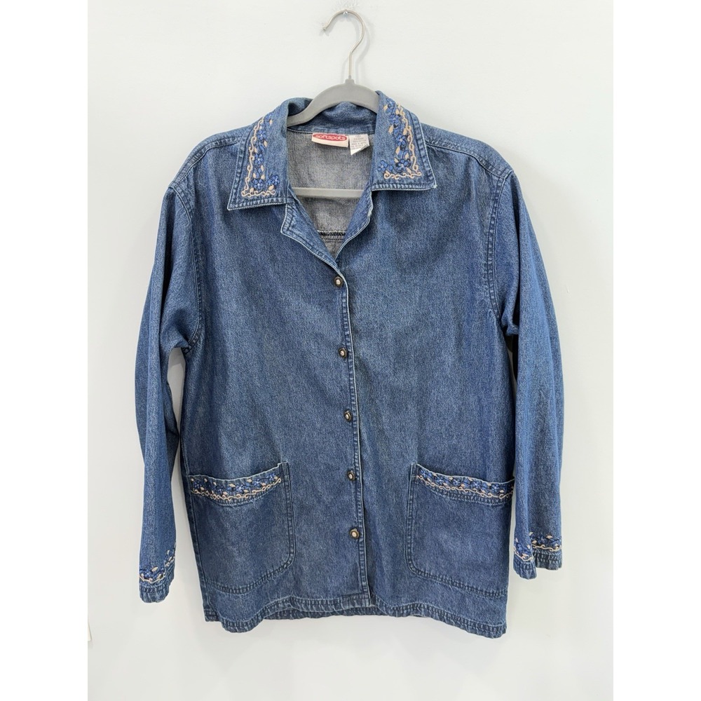 Vintage Softspots Blue Denim Jacket Floral Embroidered Oversized Medium Coat